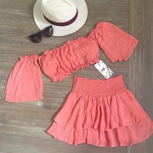 Isla Posh Summer Set Mini Skirt and Off Shoulder Top in Coral